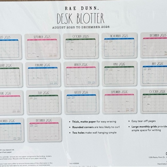 Rae Dunn Desk Blotter Planner Calendar 17 Month Calendar August 2025- Dec.2026 - Picture 3 of 6